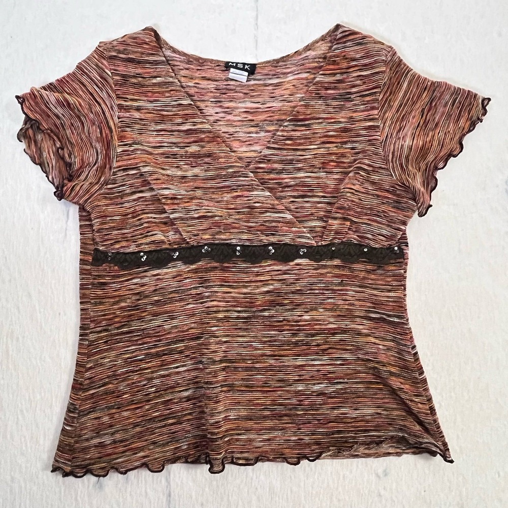 MSK Womens XL Crinkle Knit Top Short Sleeve Lace Sequin Detail Y2K USA Made‎